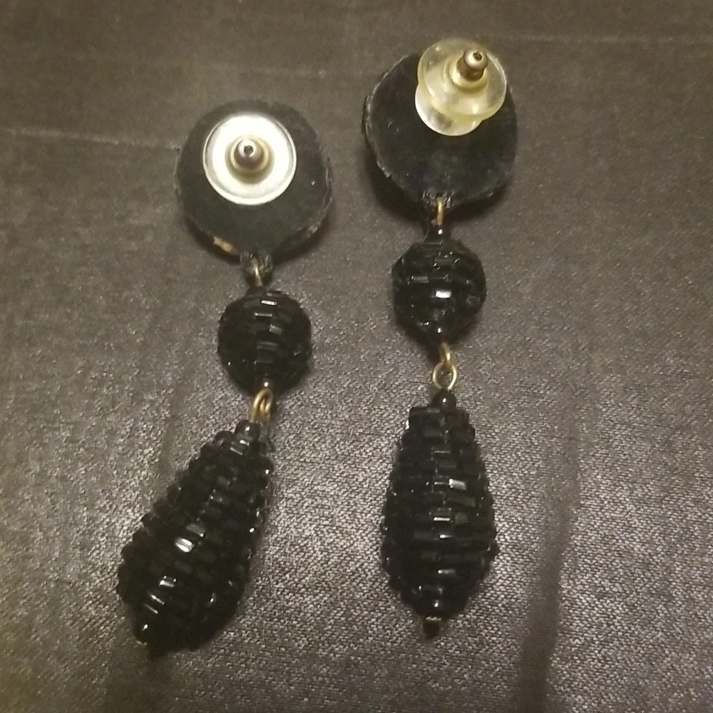 Vintage Black Beaded Dangle Earrings